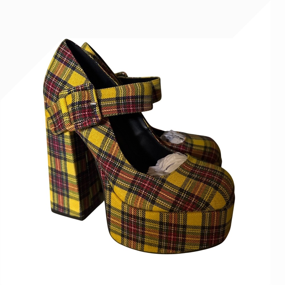 Bamboo Charlie-02 Yellow Plaid Platform Mary Jane Chunky Block Heel Pumps Size 7